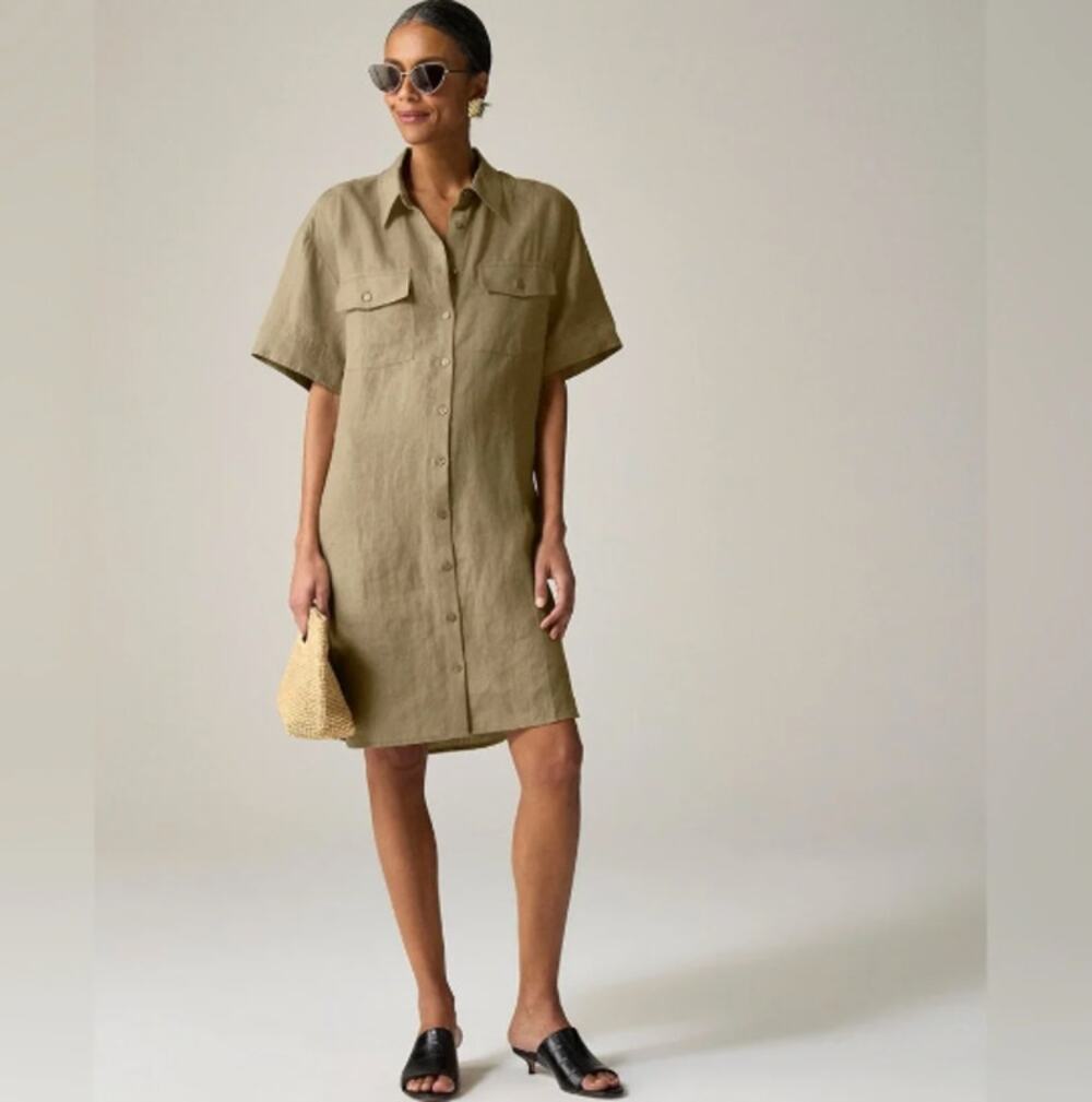 J. CREW Utility Shirt Dress Linen Dusty Fatigue Olive Green Sz XSP $128 {3C15}